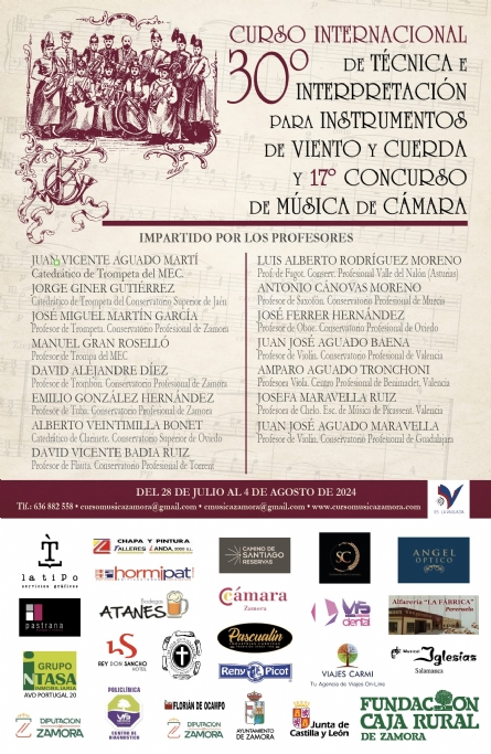 28 de julio al 4 de agosto de 2024. 30º Edición del Curso de Música de Zamora