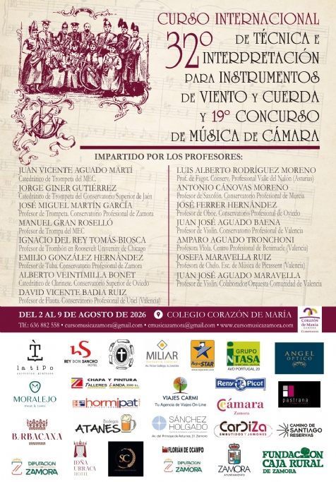 Del 3 al 9 de agosto de 2026. 32º Edición del Curso de Música de Zamora